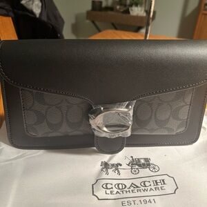 New Coach Black Leather Monogram Clutch with Gun Metal Hrdwre Matching Wallet